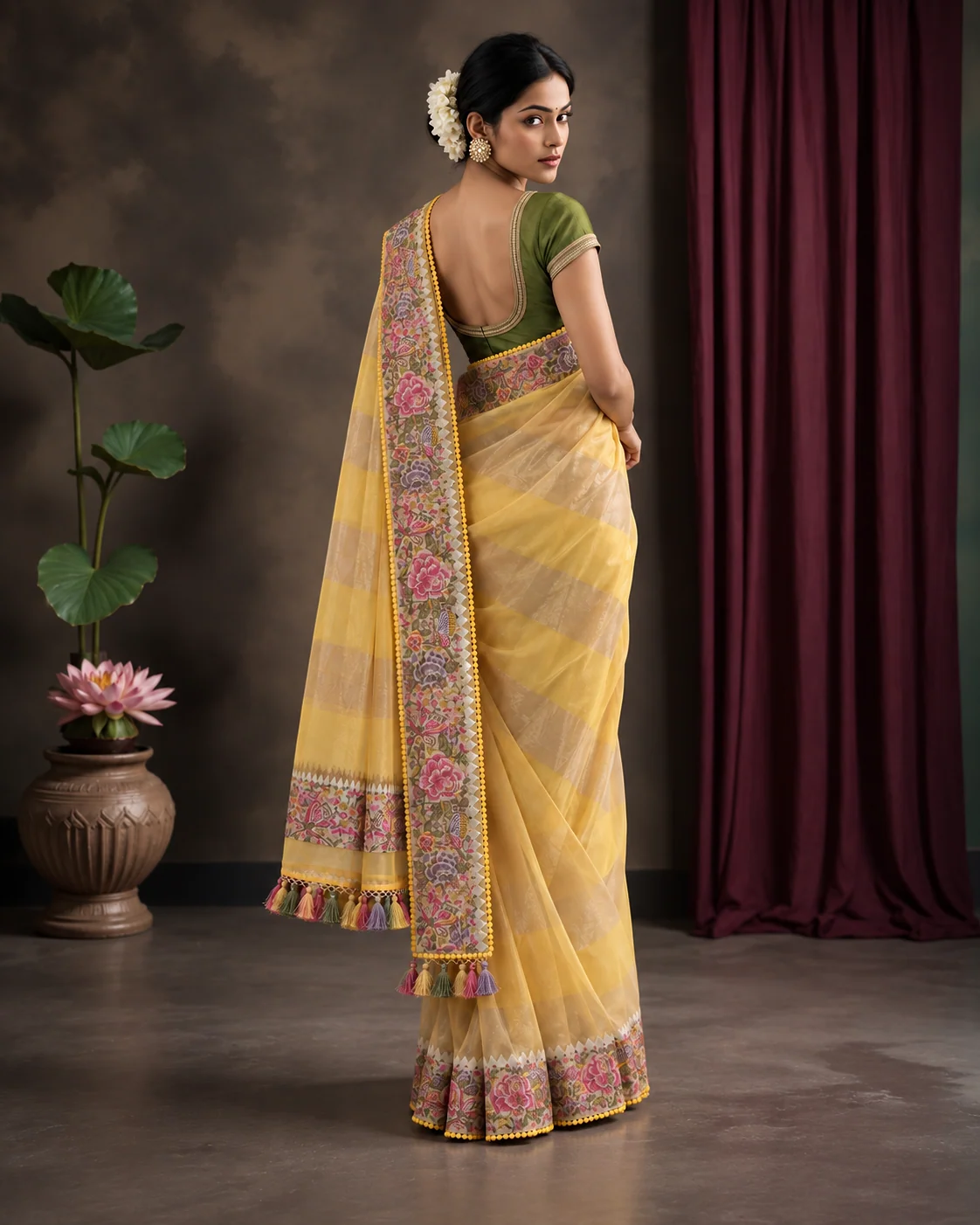 Yellow Pure Tussar Printed Saree, Embroidered Pallu
