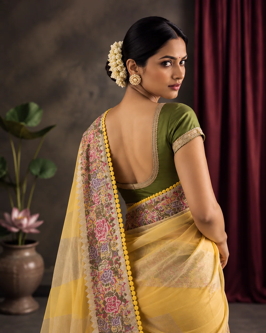 Yellow Pure Tussar Printed Saree, Embroidered Pallu