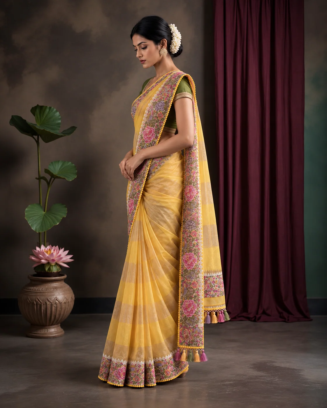 Yellow Pure Tussar Printed Saree, Embroidered Pallu