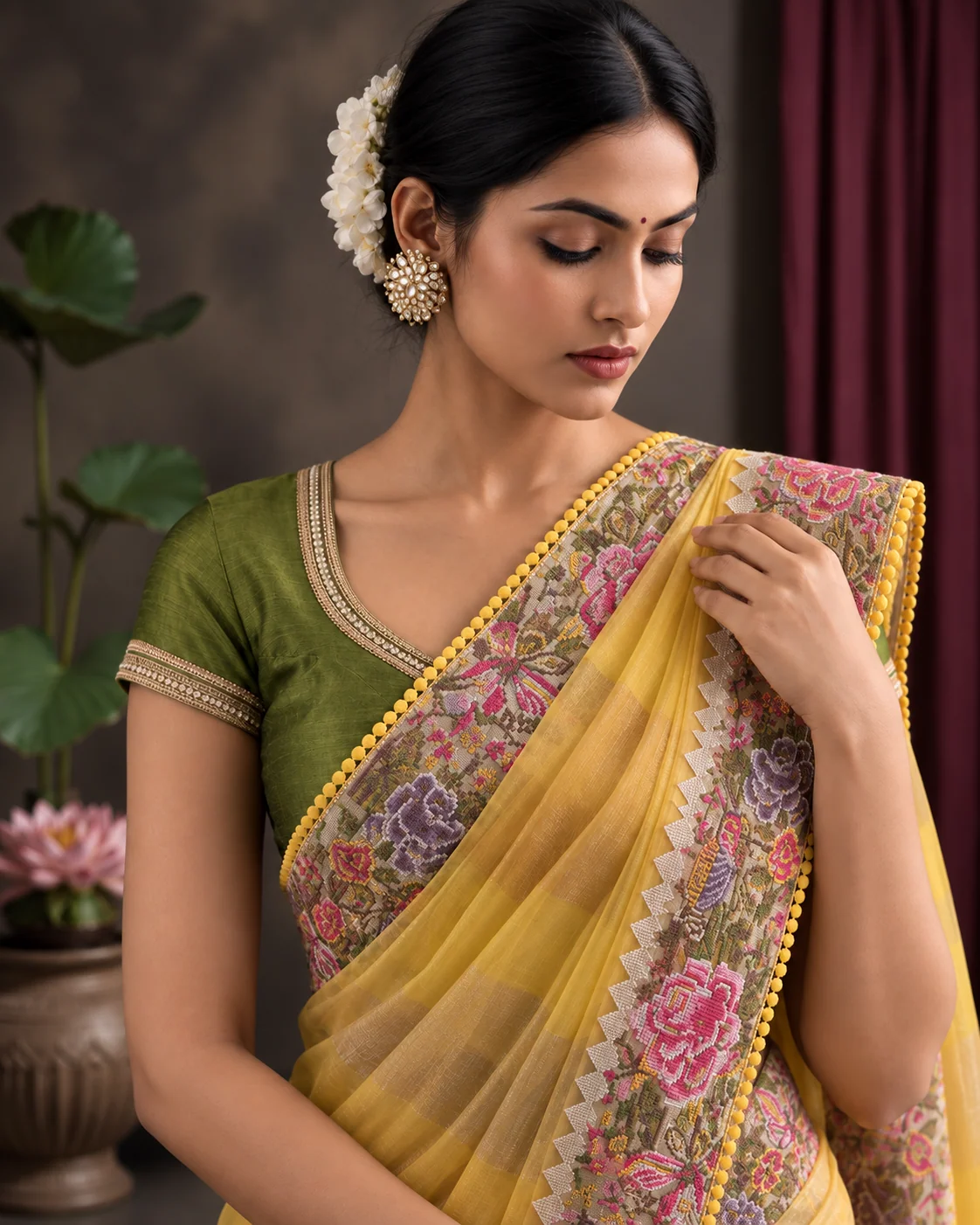 Yellow Pure Tussar Printed Saree, Embroidered Pallu