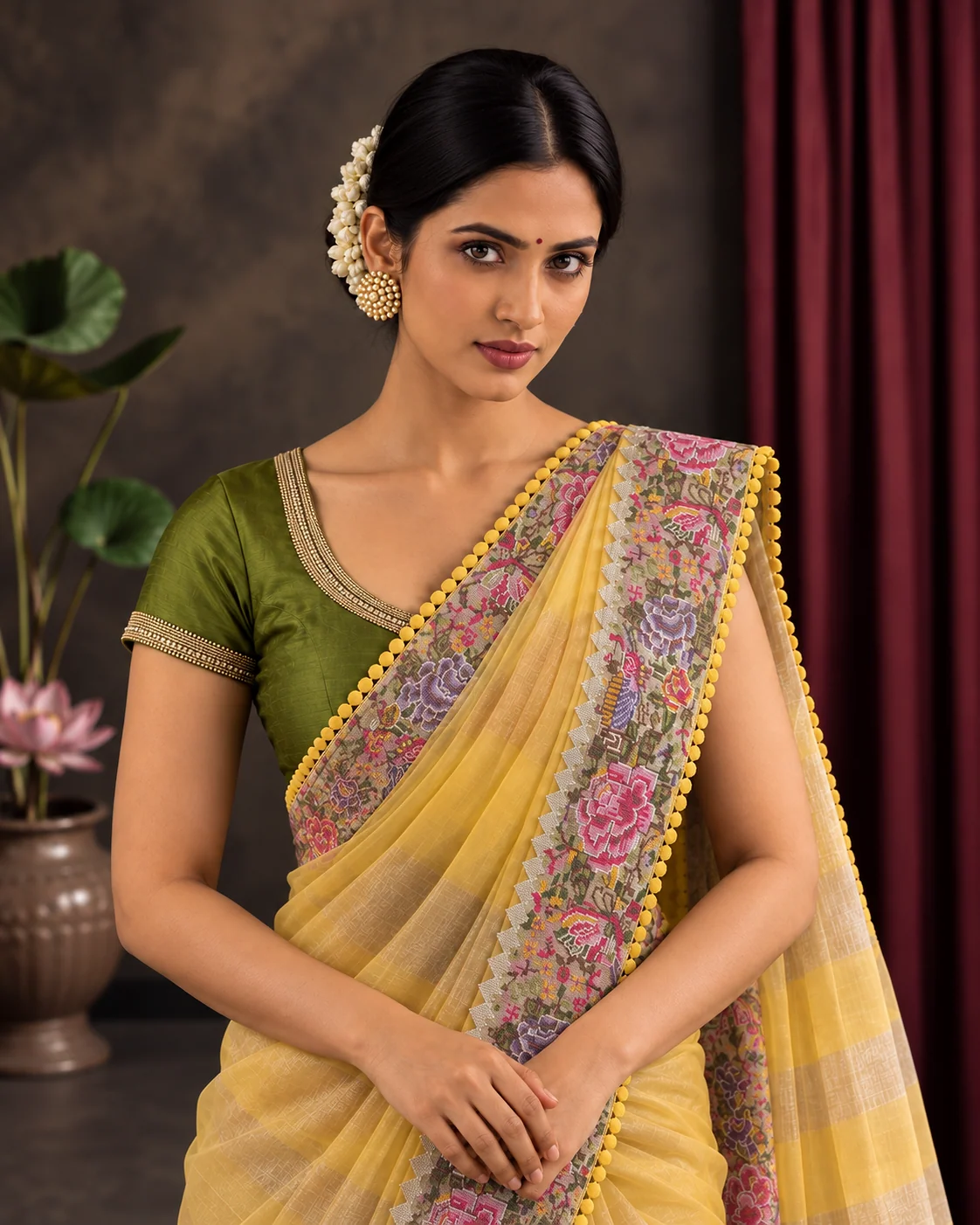 Yellow Pure Tussar Printed Saree, Embroidered Pallu