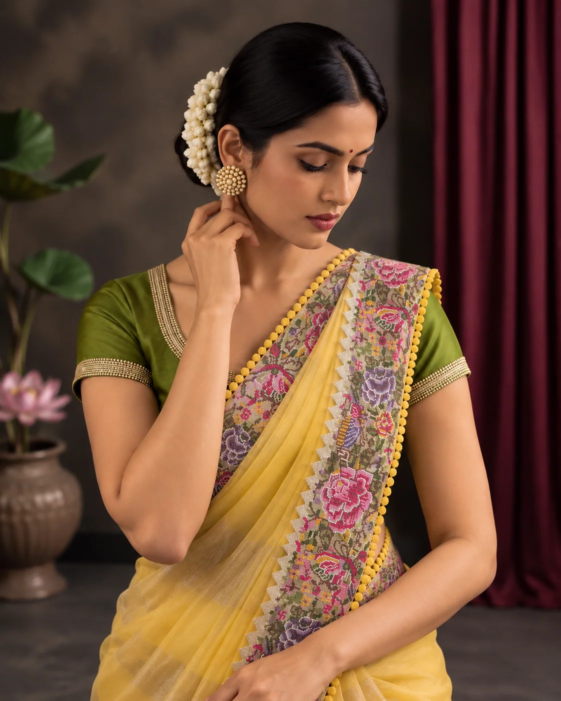 Yellow Pure Tussar Printed Saree, Embroidered Pallu