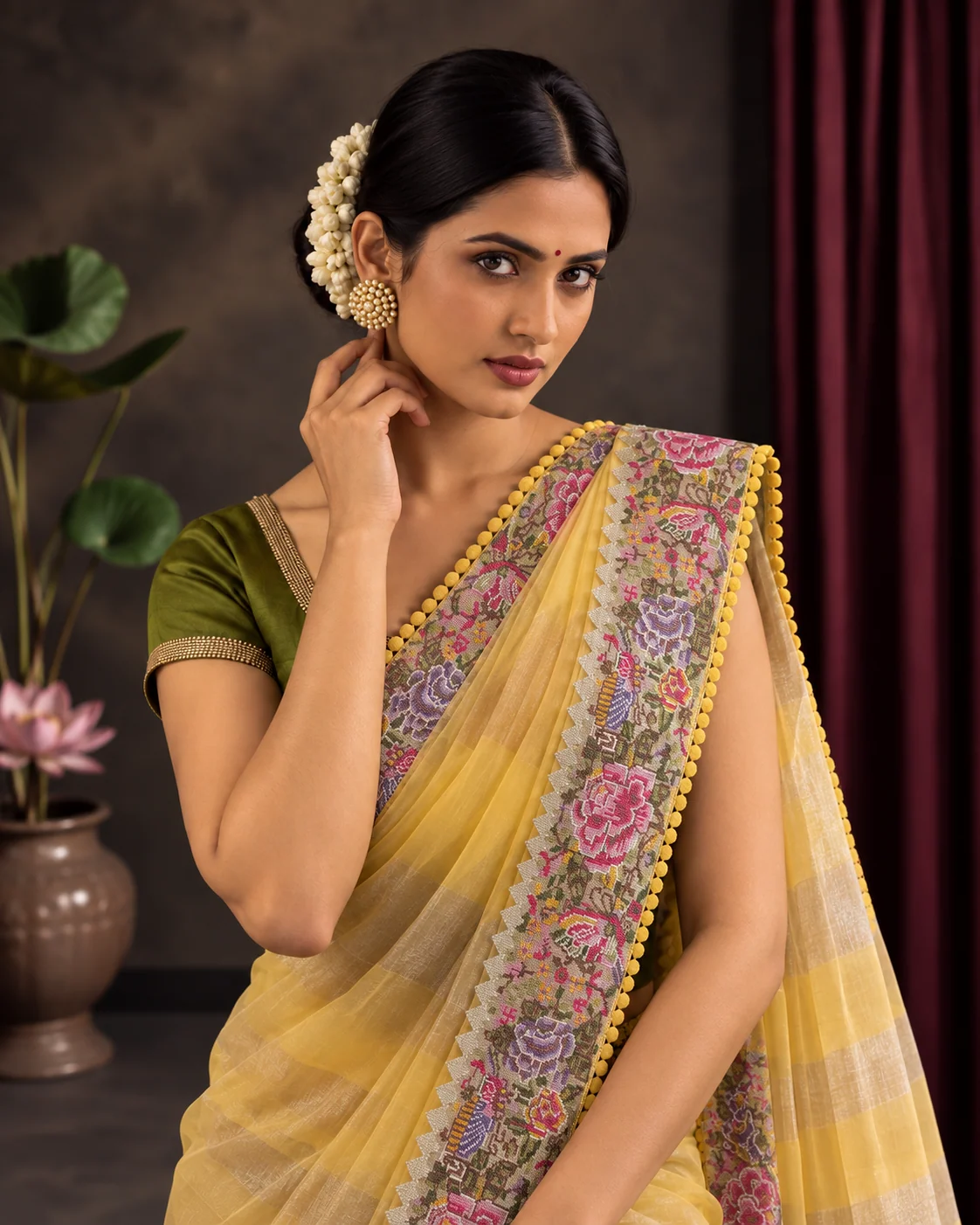 Yellow Pure Tussar Printed Saree, Embroidered Pallu