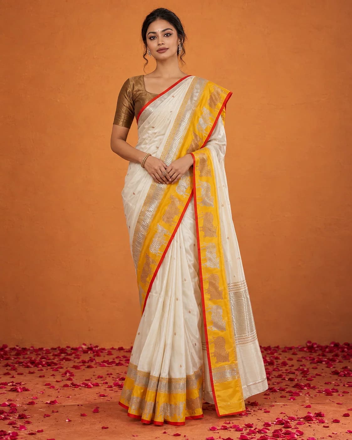 White & Yellow Satin Silk Saree, Sona Rupa Border