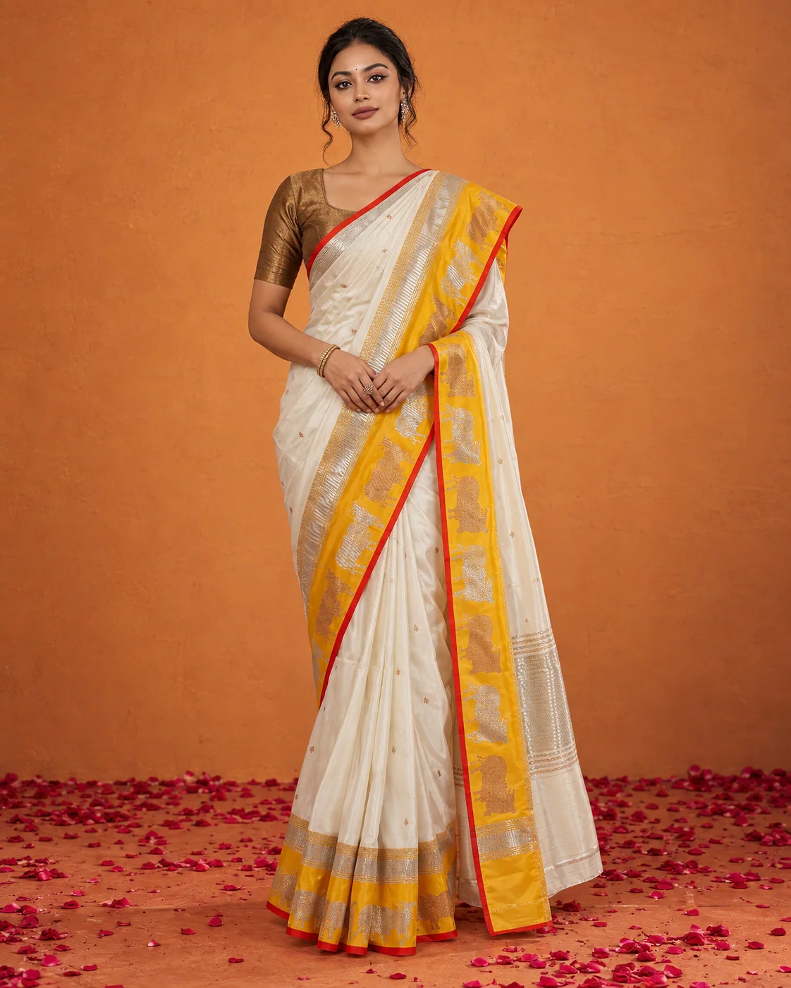 White & Yellow Satin Silk Saree, Sona Rupa Border