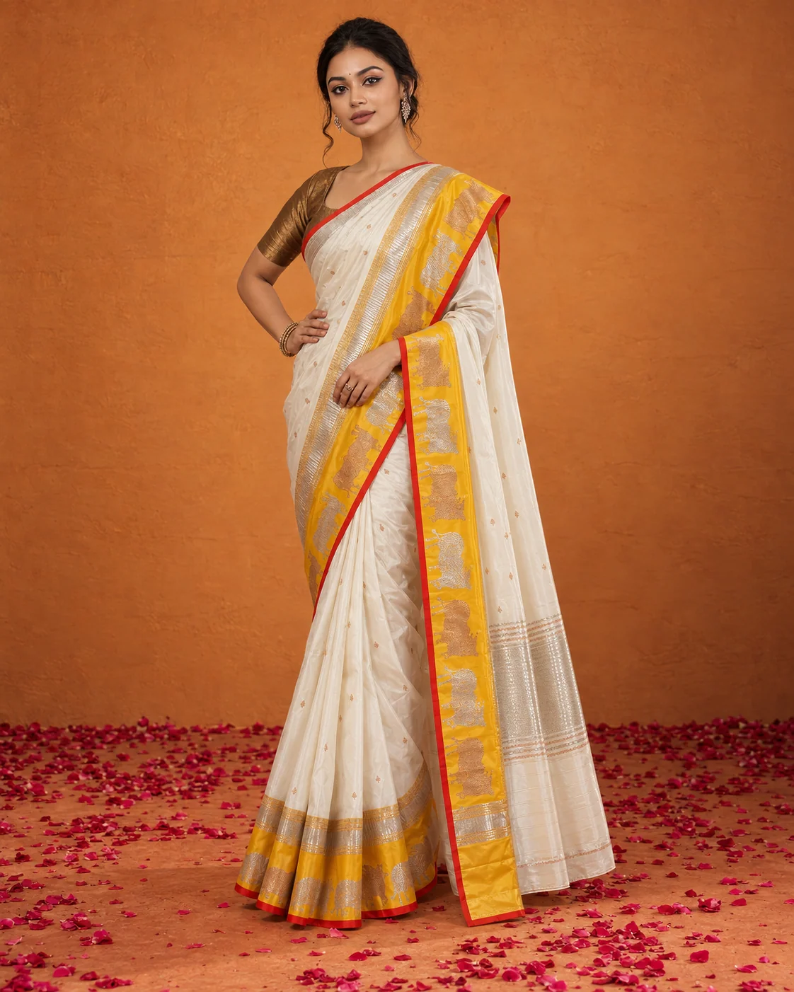 White & Yellow Satin Silk Saree, Sona Rupa Border