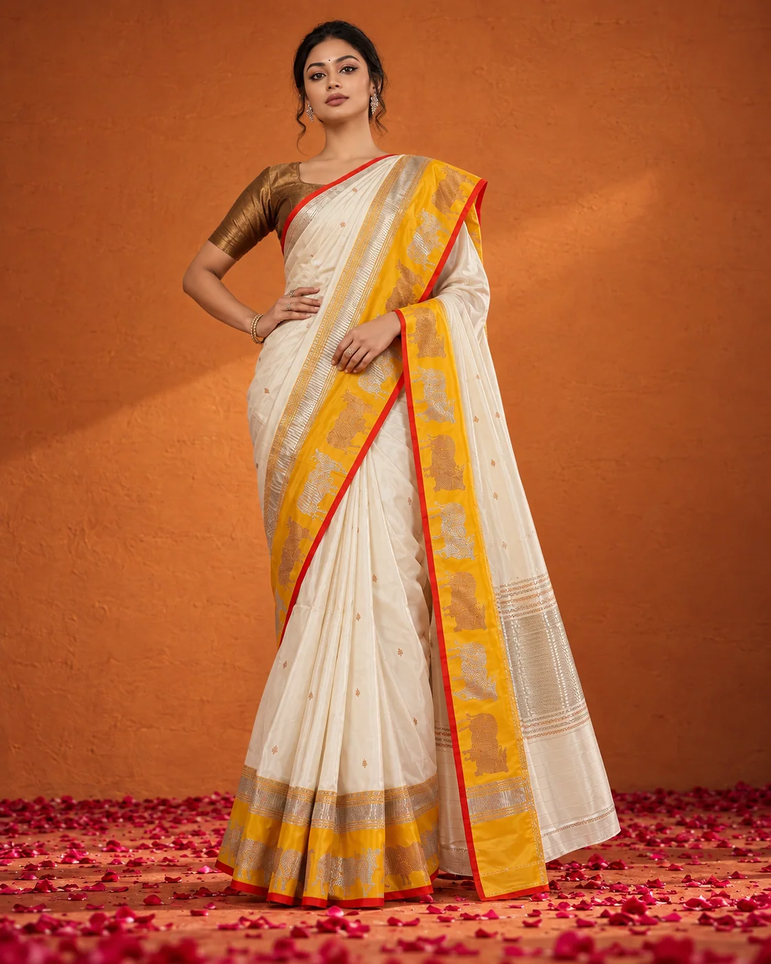 White & Yellow Satin Silk Saree, Sona Rupa Border