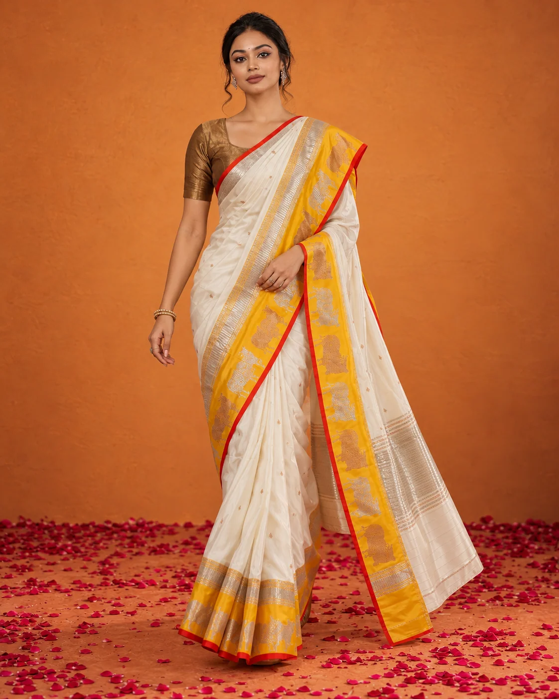 White & Yellow Satin Silk Saree, Sona Rupa Border