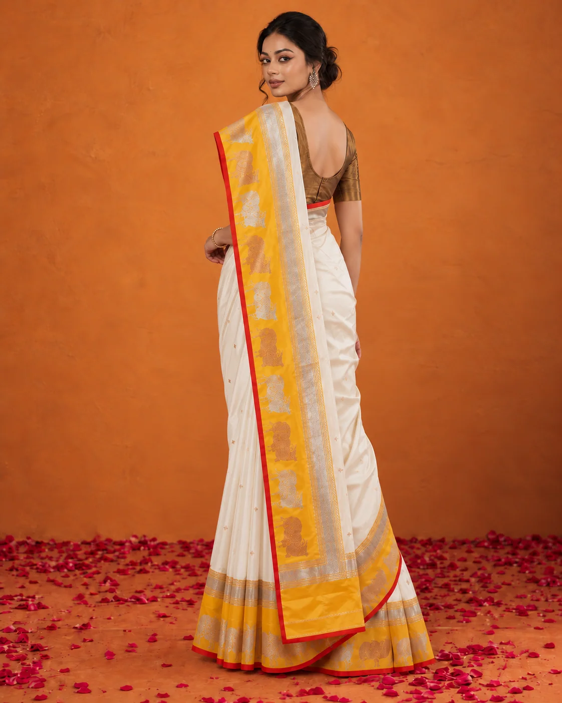 White & Yellow Satin Silk Saree, Sona Rupa Border