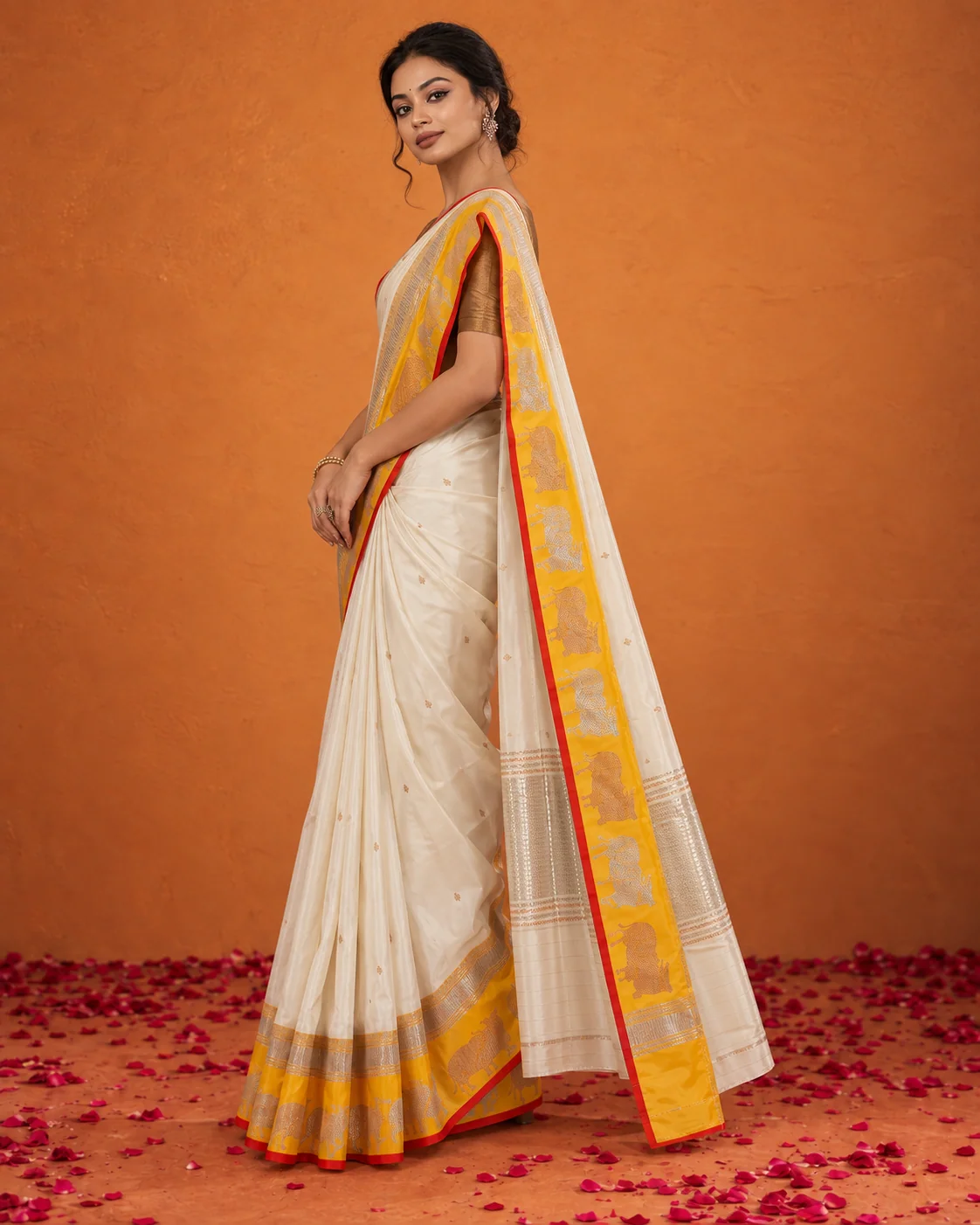 White & Yellow Satin Silk Saree, Sona Rupa Border