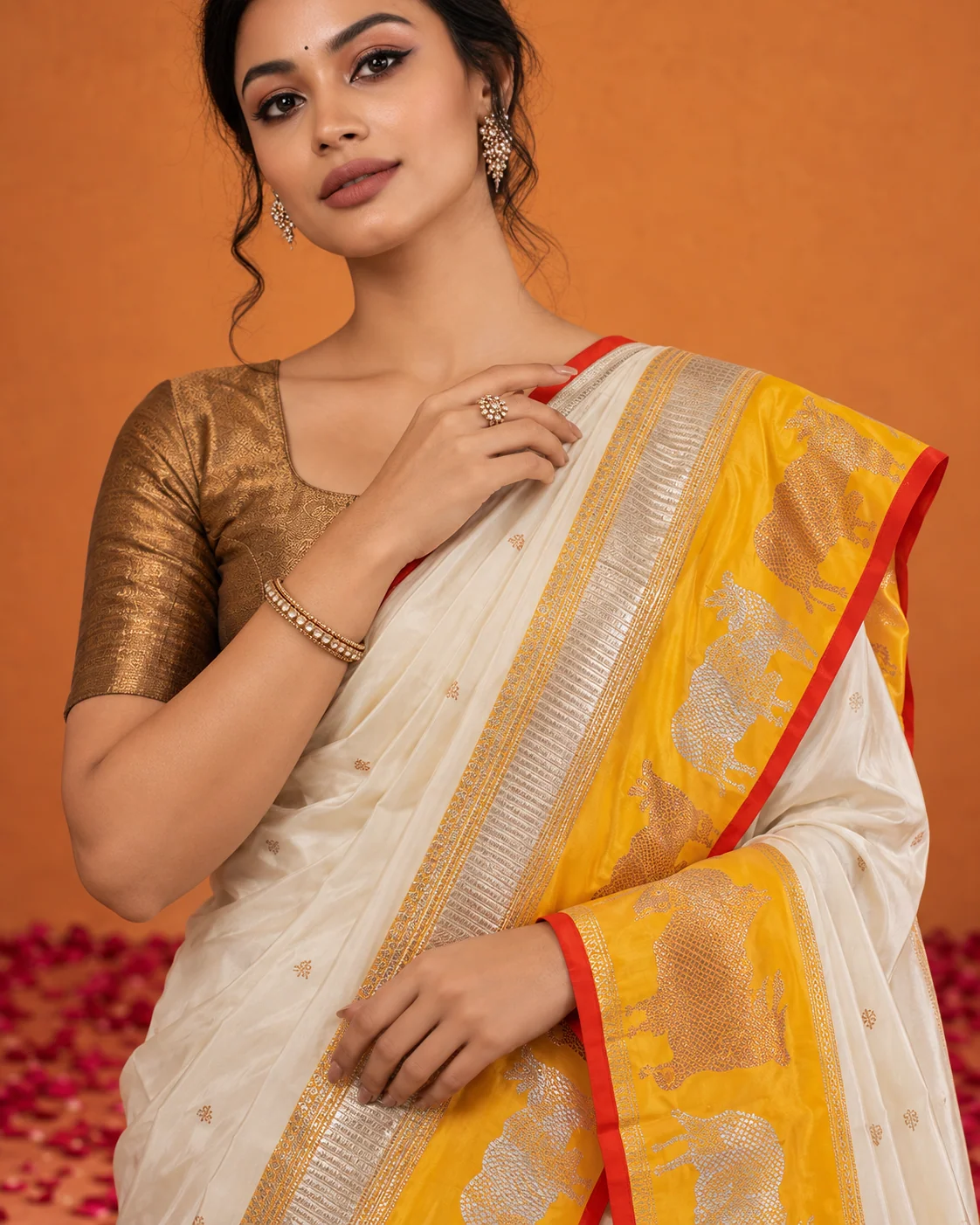 White & Yellow Satin Silk Saree, Sona Rupa Border