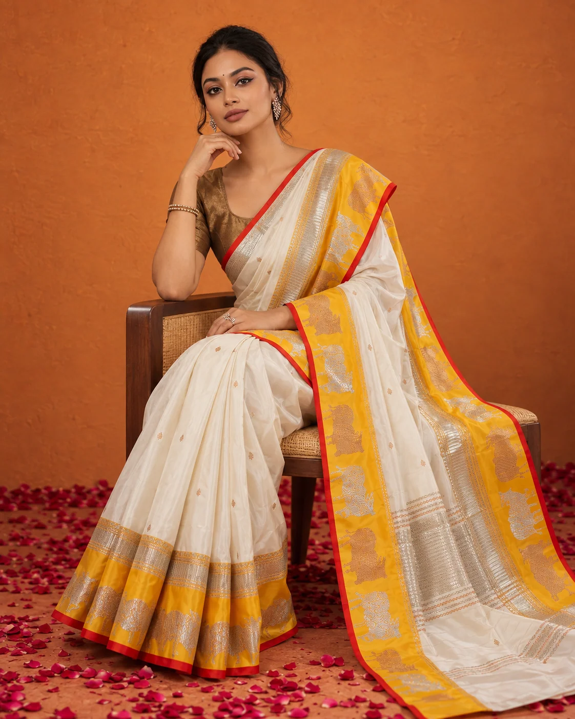 White & Yellow Satin Silk Saree, Sona Rupa Border