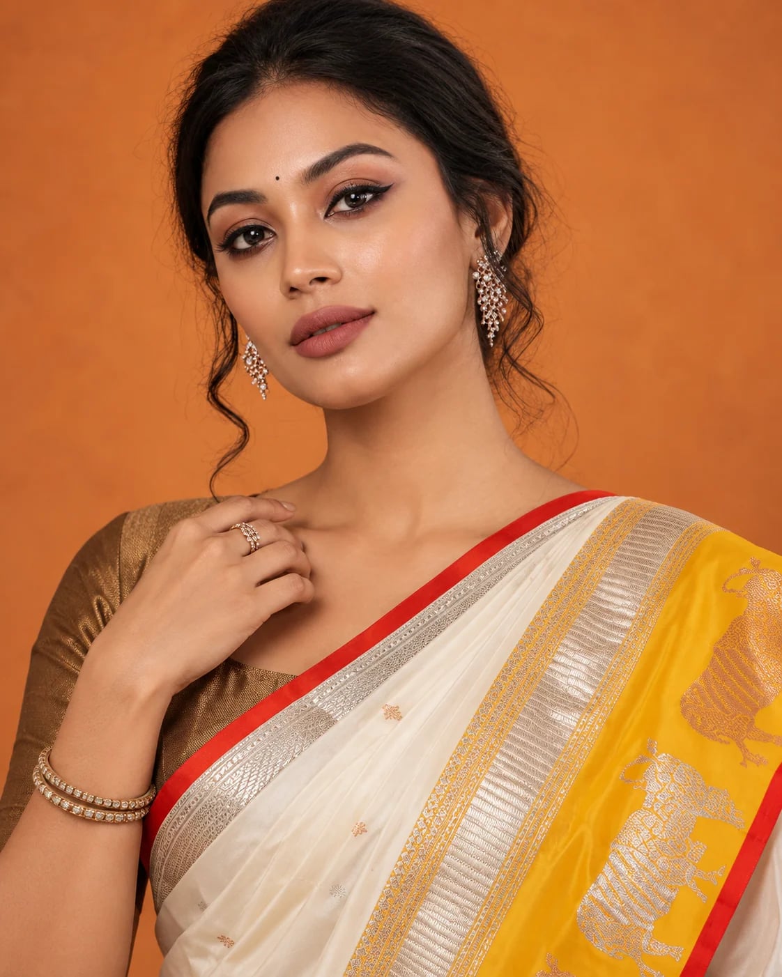 White & Yellow Satin Silk Saree, Sona Rupa Border